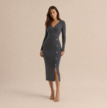 Ribbed Knit Long Sleeve Wrap Midi Dress