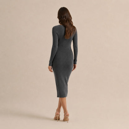 Ribbed Knit Long Sleeve Wrap Midi Dress