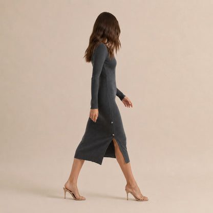 Ribbed Knit Long Sleeve Wrap Midi Dress