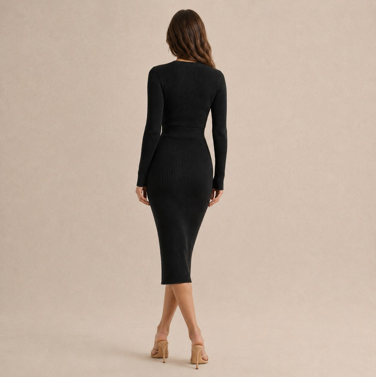 Ribbed Knit Long Sleeve Wrap Midi Dress