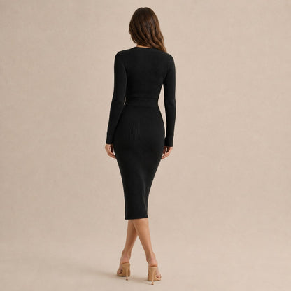 Ribbed Knit Long Sleeve Wrap Midi Dress