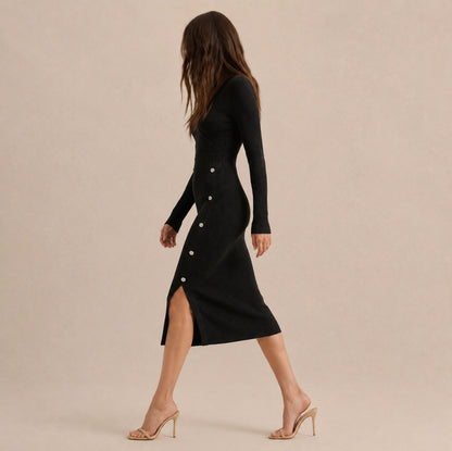 Ribbed Knit Long Sleeve Wrap Midi Dress