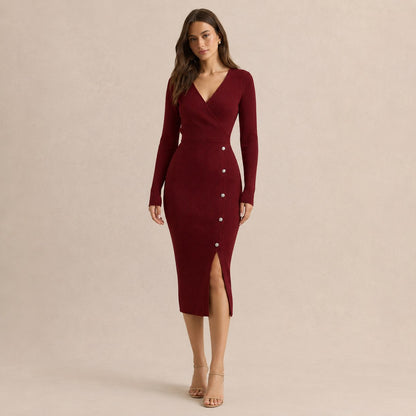 Ribbed Knit Long Sleeve Wrap Midi Dress