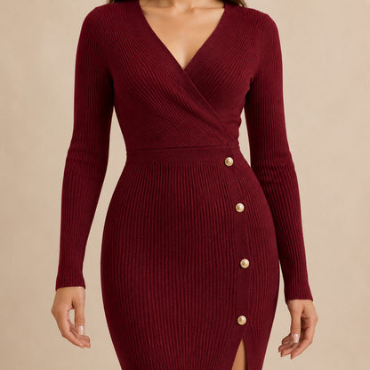 Ribbed Knit Long Sleeve Wrap Midi Dress