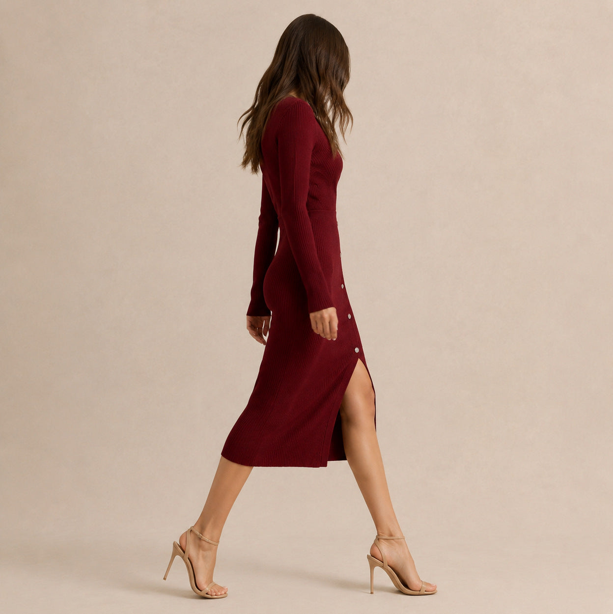 Ribbed Knit Long Sleeve Wrap Midi Dress