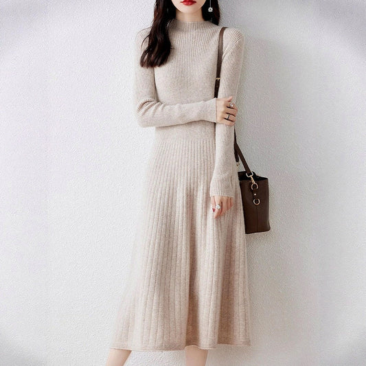 Ribbed Knit Long Sleeve Mock Neck Midi Sweater Dress