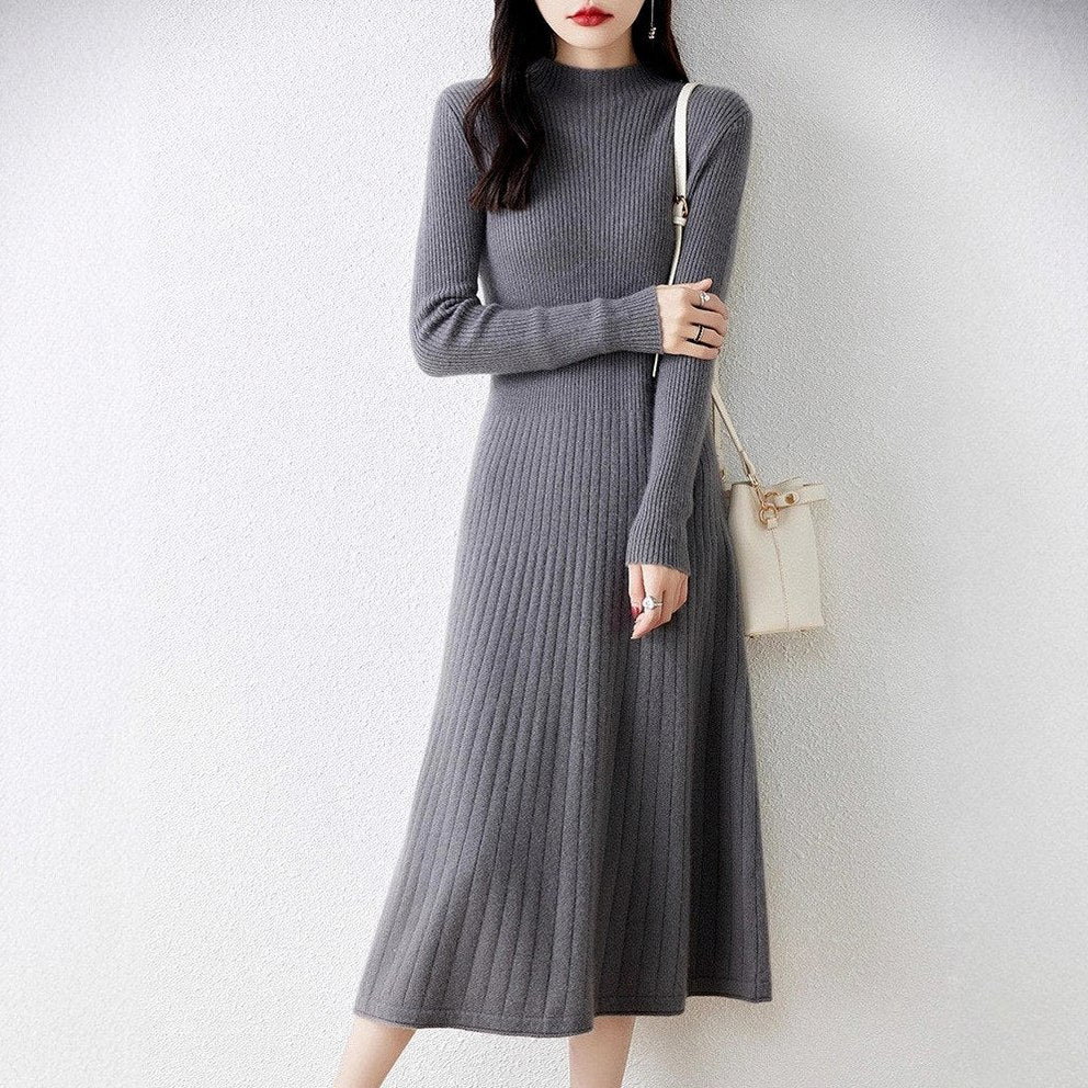 Ribbed Knit Long Sleeve Mock Neck Midi Sweater Dress