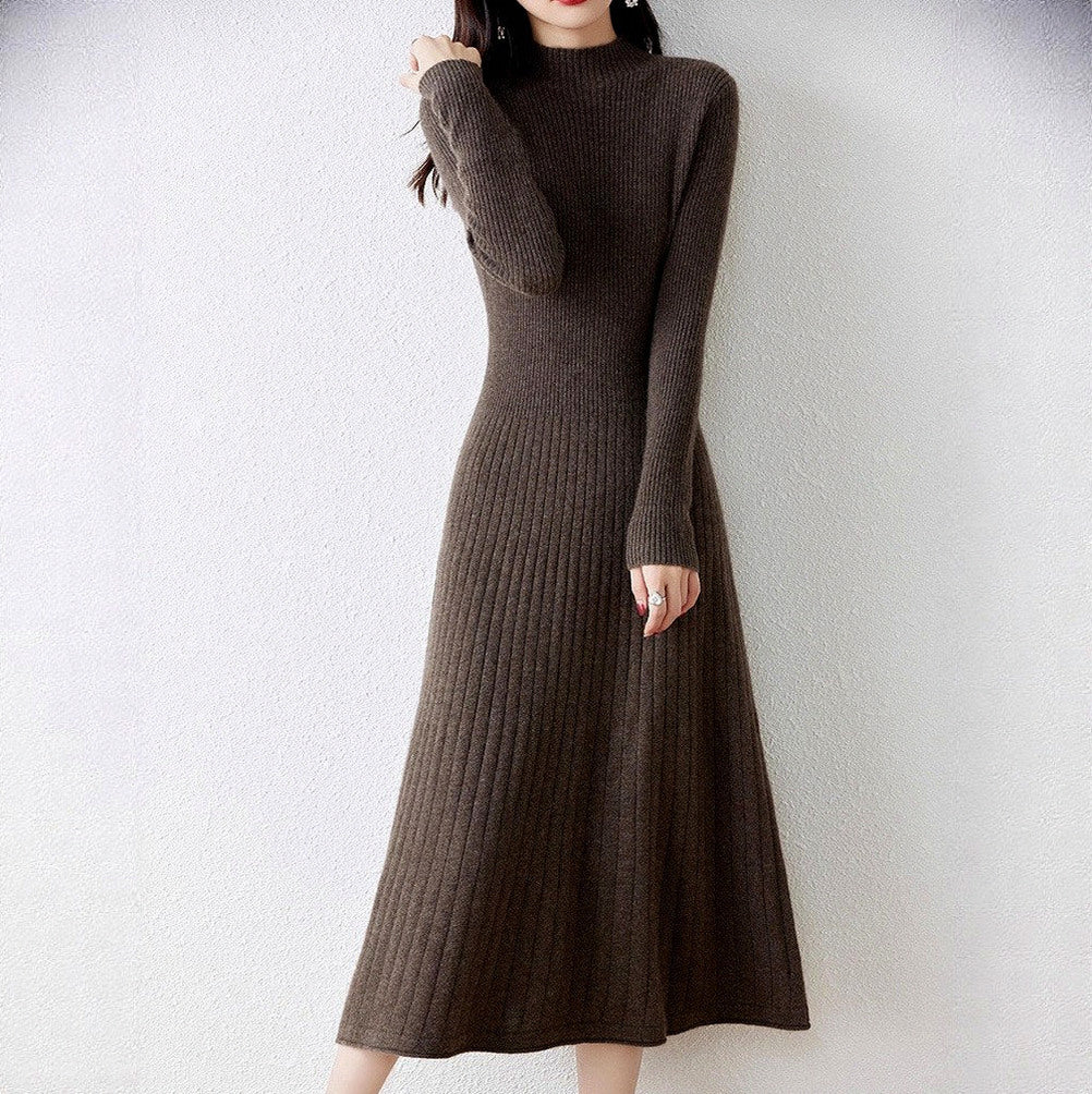 Ribbed Knit Long Sleeve Mock Neck Midi Sweater Dress
