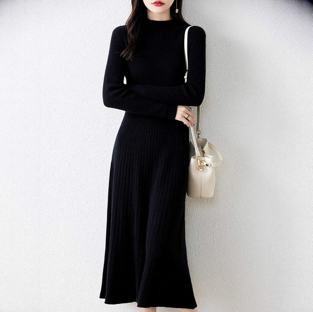 Ribbed Knit Long Sleeve Mock Neck Midi Sweater Dress