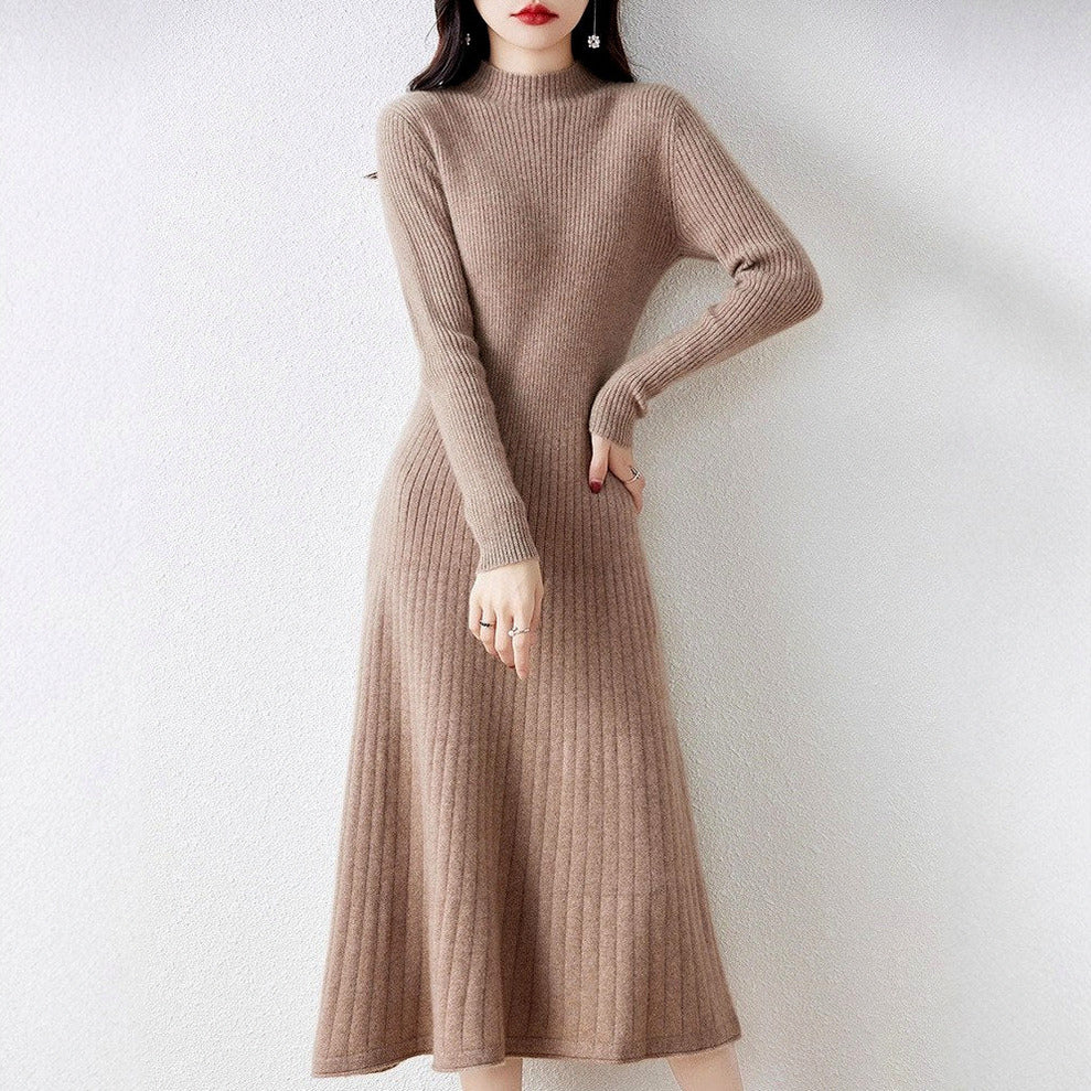Ribbed Knit Long Sleeve Mock Neck Midi Sweater Dress