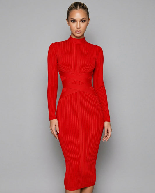Ribbed Knit Long Sleeve Mock Neck Midi Dress