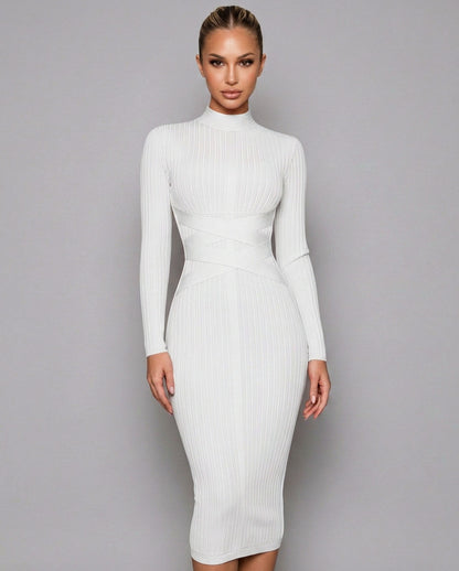 Ribbed Knit Long Sleeve Mock Neck Midi Dress