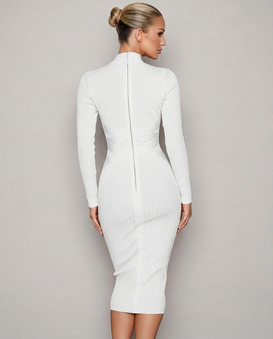 Ribbed Knit Long Sleeve Mock Neck Midi Dress