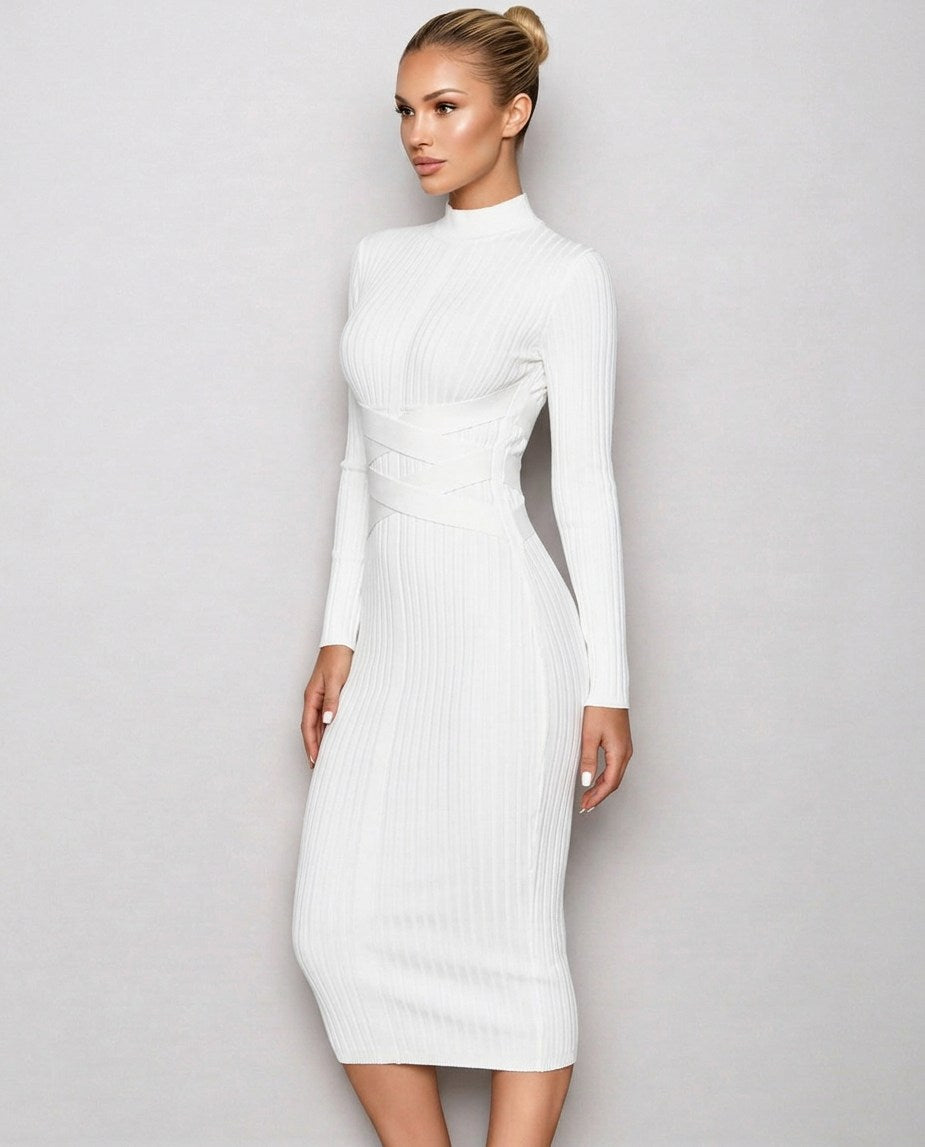 Ribbed Knit Long Sleeve Mock Neck Midi Dress