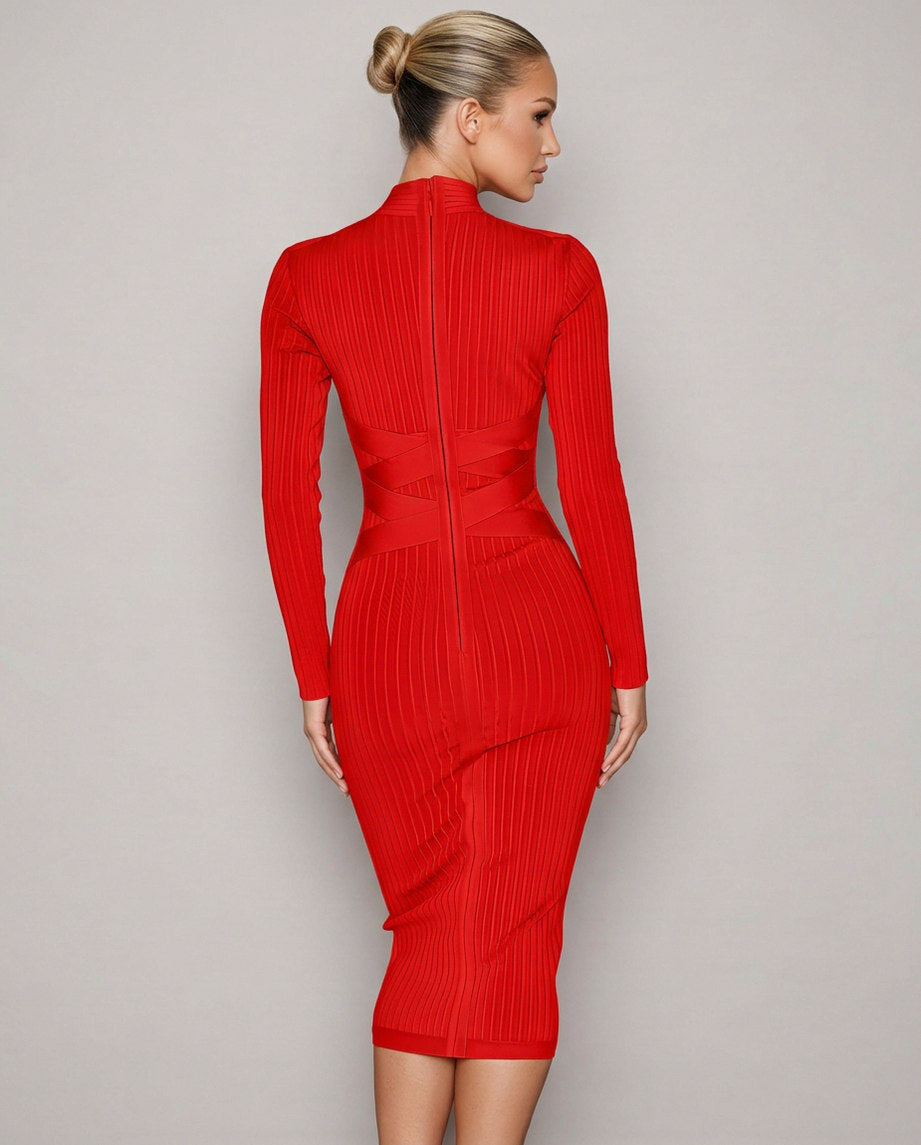 Ribbed Knit Long Sleeve Mock Neck Midi Dress