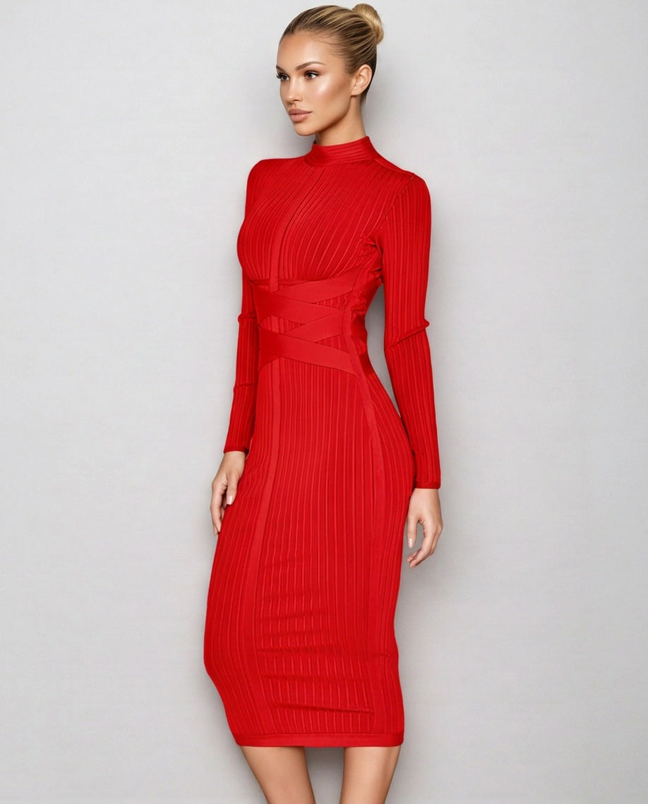 Ribbed Knit Long Sleeve Mock Neck Midi Dress