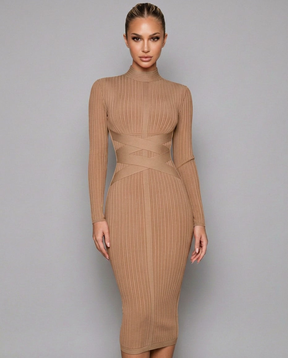 Ribbed Knit Long Sleeve Mock Neck Midi Dress