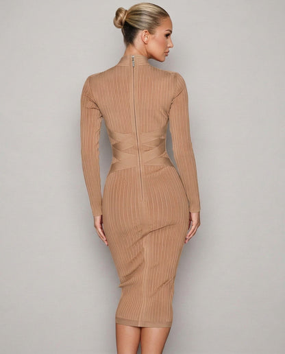 Ribbed Knit Long Sleeve Mock Neck Midi Dress