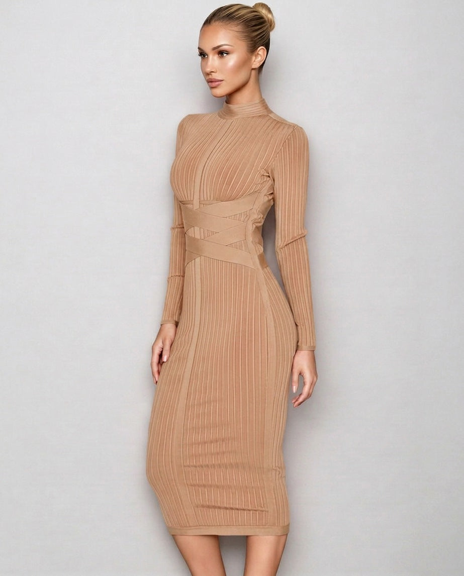 Ribbed Knit Long Sleeve Mock Neck Midi Dress