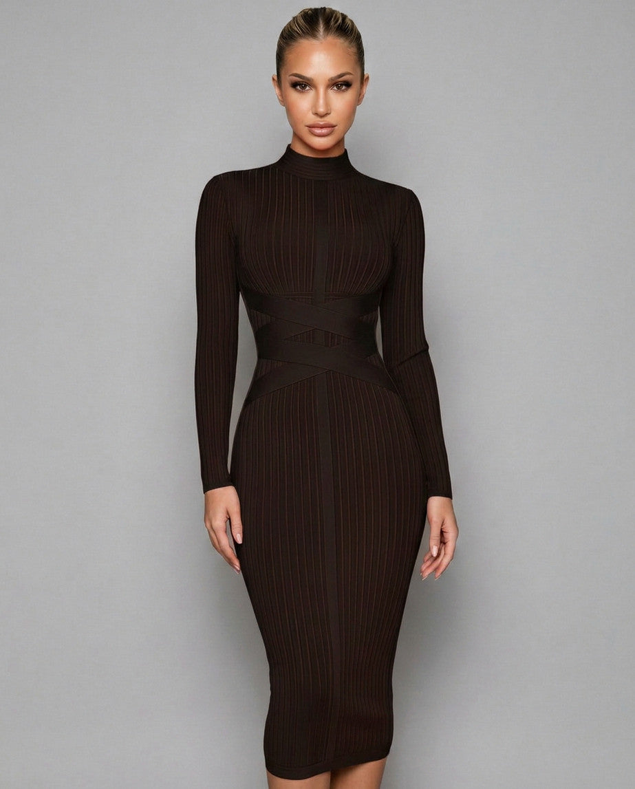 Ribbed Knit Long Sleeve Mock Neck Midi Dress