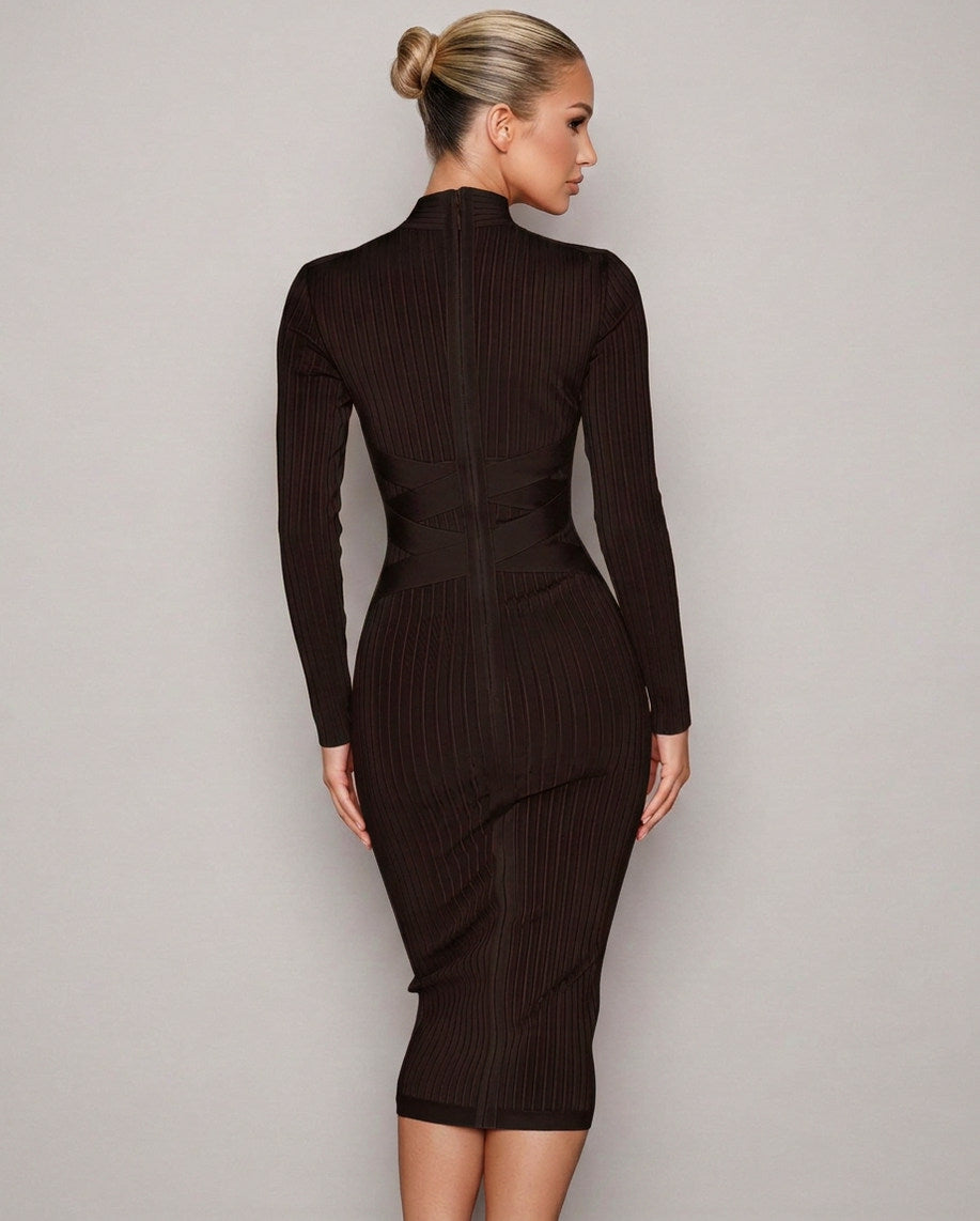 Ribbed Knit Long Sleeve Mock Neck Midi Dress