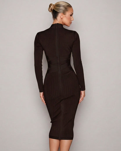 Ribbed Knit Long Sleeve Mock Neck Midi Dress