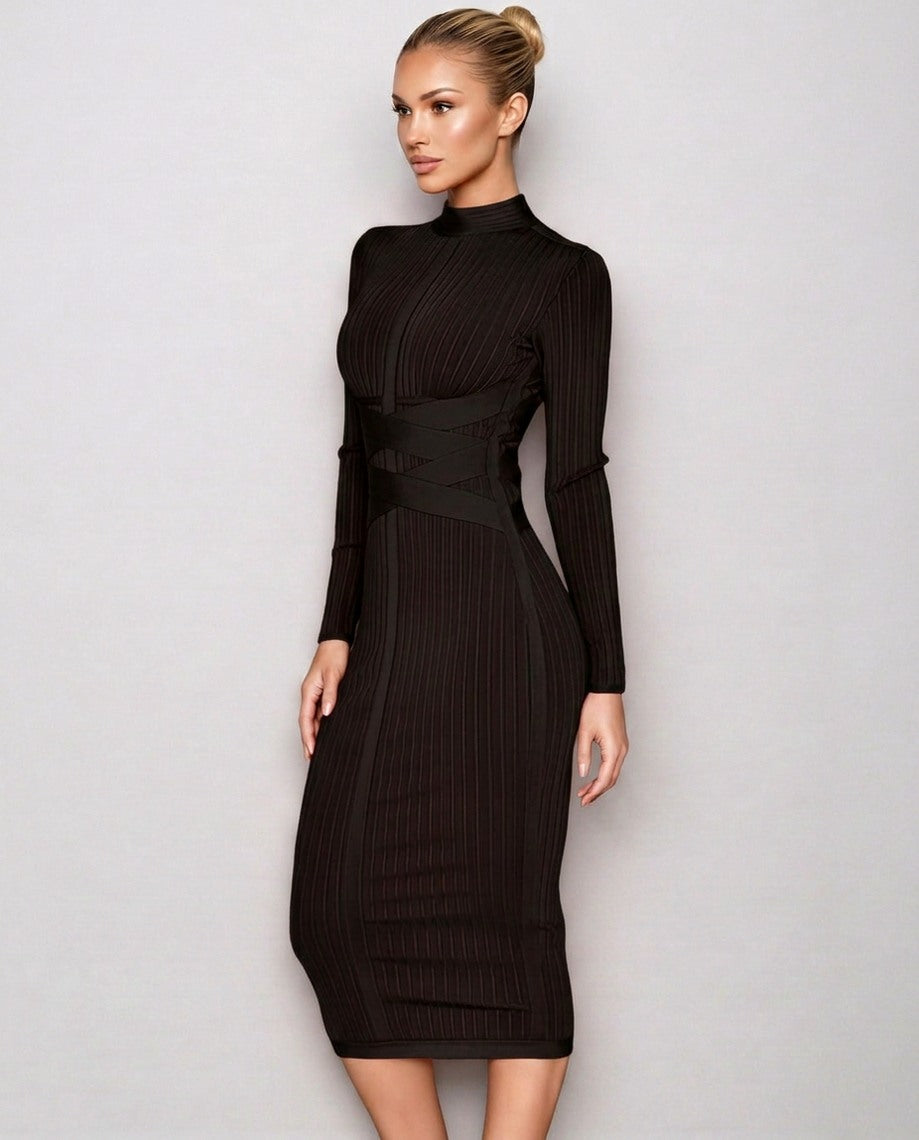 Ribbed Knit Long Sleeve Mock Neck Midi Dress