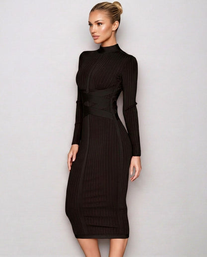 Ribbed Knit Long Sleeve Mock Neck Midi Dress