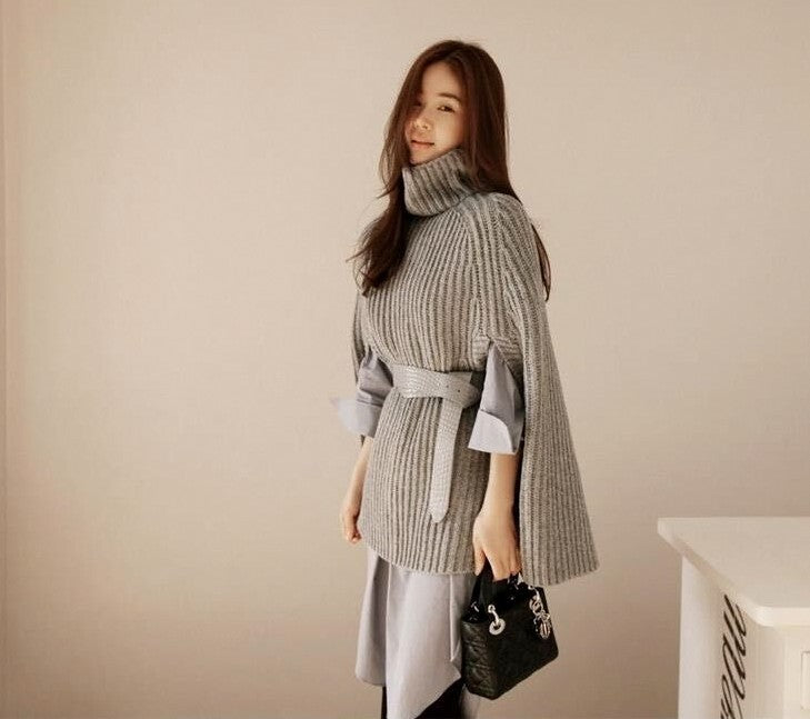 Ribbed Knit Turtleneck Cape Sweater