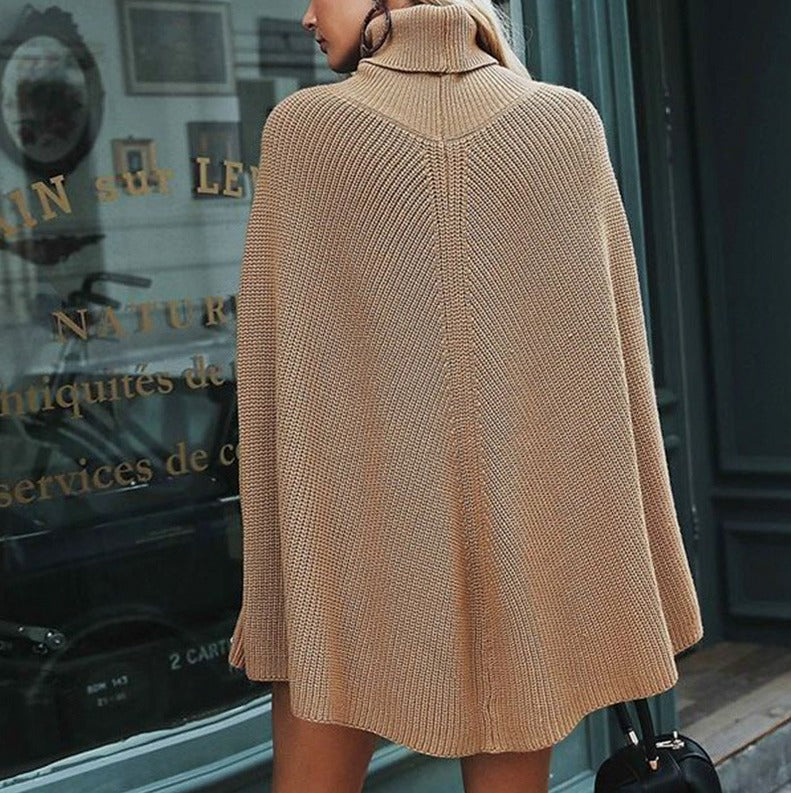 Ribbed Knit Turtleneck Cape Sweater
