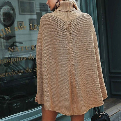 Ribbed Knit Turtleneck Cape Sweater