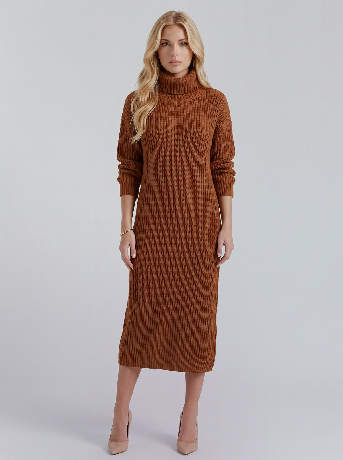 Ribbed Knit Long Sleeve Turtleneck Midi Sweater Dress
