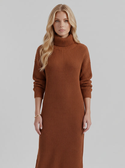 Ribbed Knit Long Sleeve Turtleneck Midi Sweater Dress