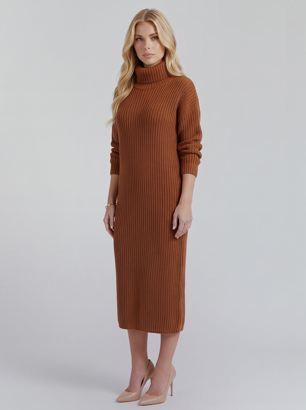 Ribbed Knit Long Sleeve Turtleneck Midi Sweater Dress