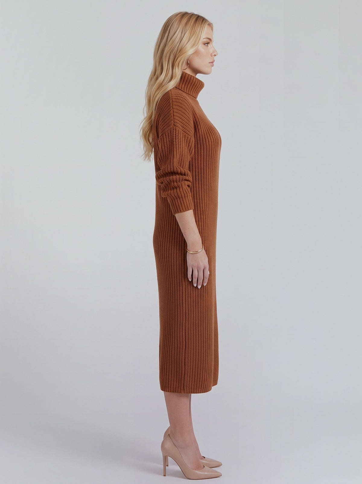 Ribbed Knit Long Sleeve Turtleneck Midi Sweater Dress