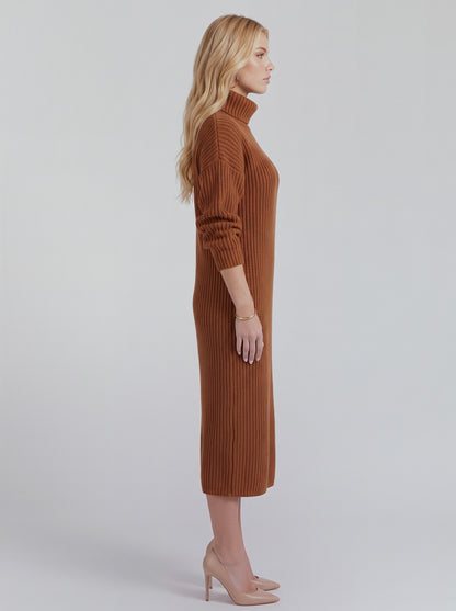Ribbed Knit Long Sleeve Turtleneck Midi Sweater Dress