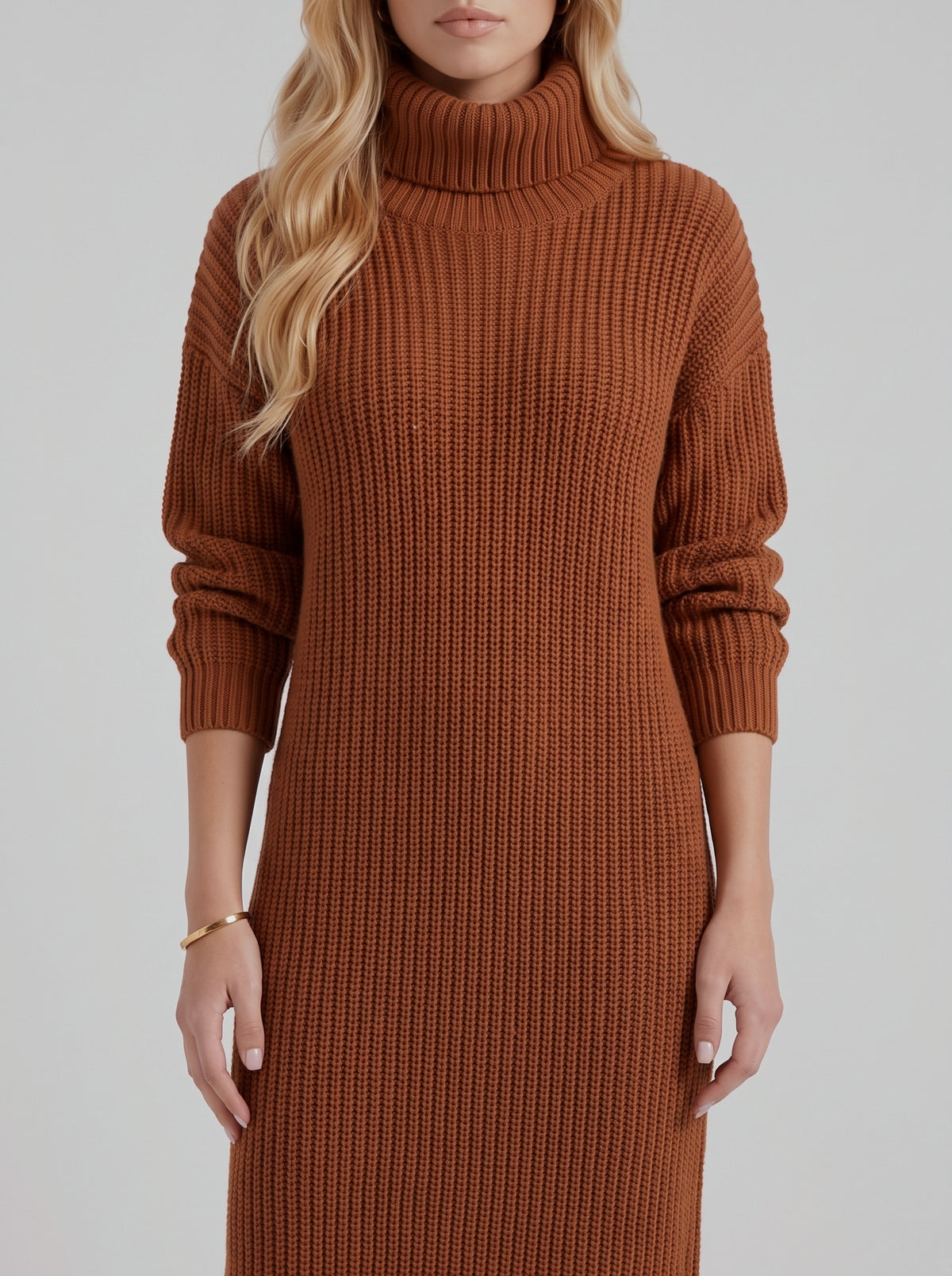 Ribbed Knit Long Sleeve Turtleneck Midi Sweater Dress