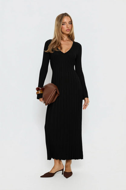 Ribbed Knit V-Neck Maxi Dress