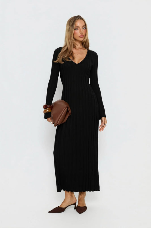 Ribbed Knit V-Neck Maxi Dress