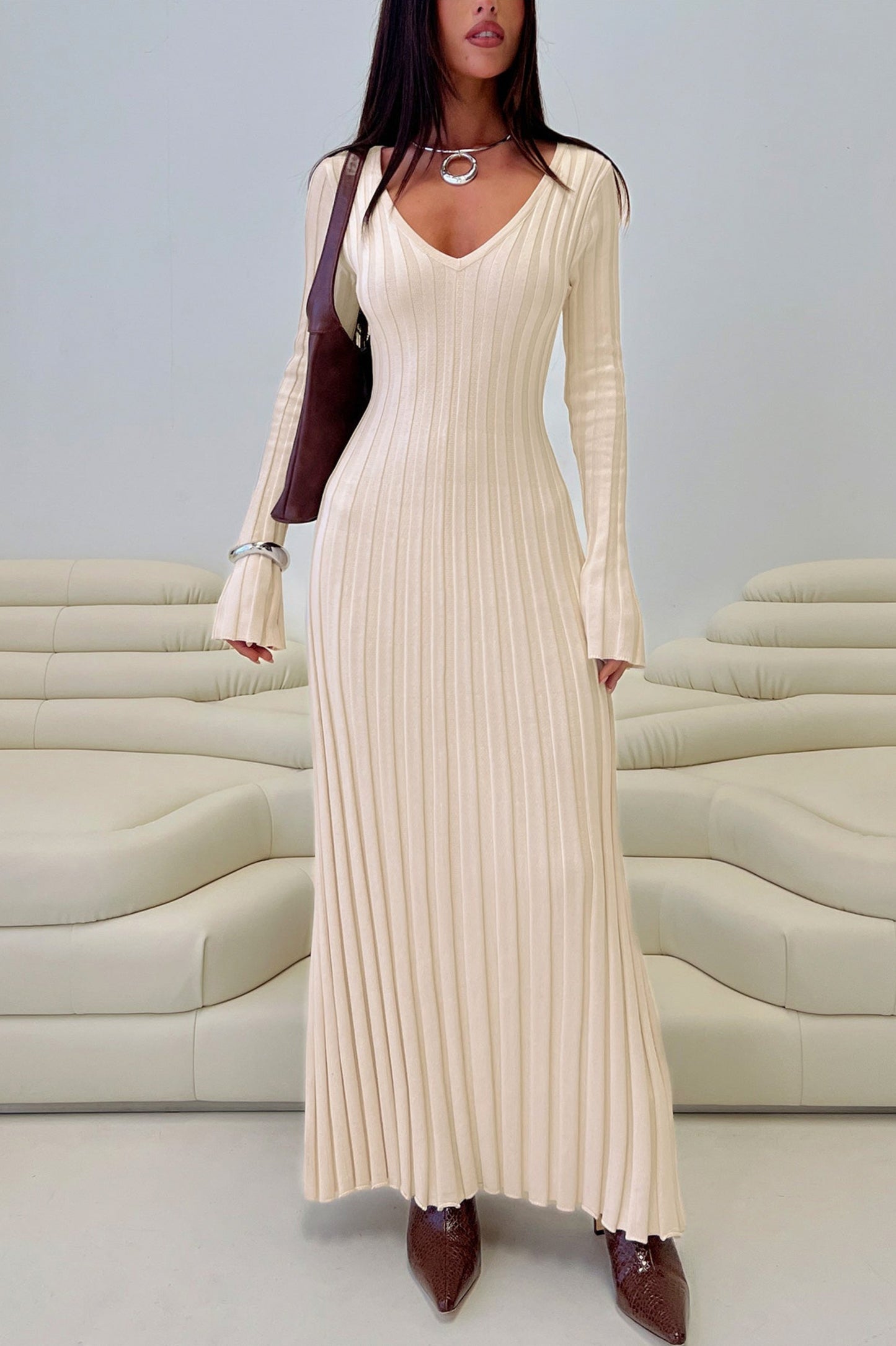 Ribbed Knit V-Neck Maxi Dress