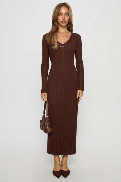 Ribbed Knit V-Neck Maxi Dress
