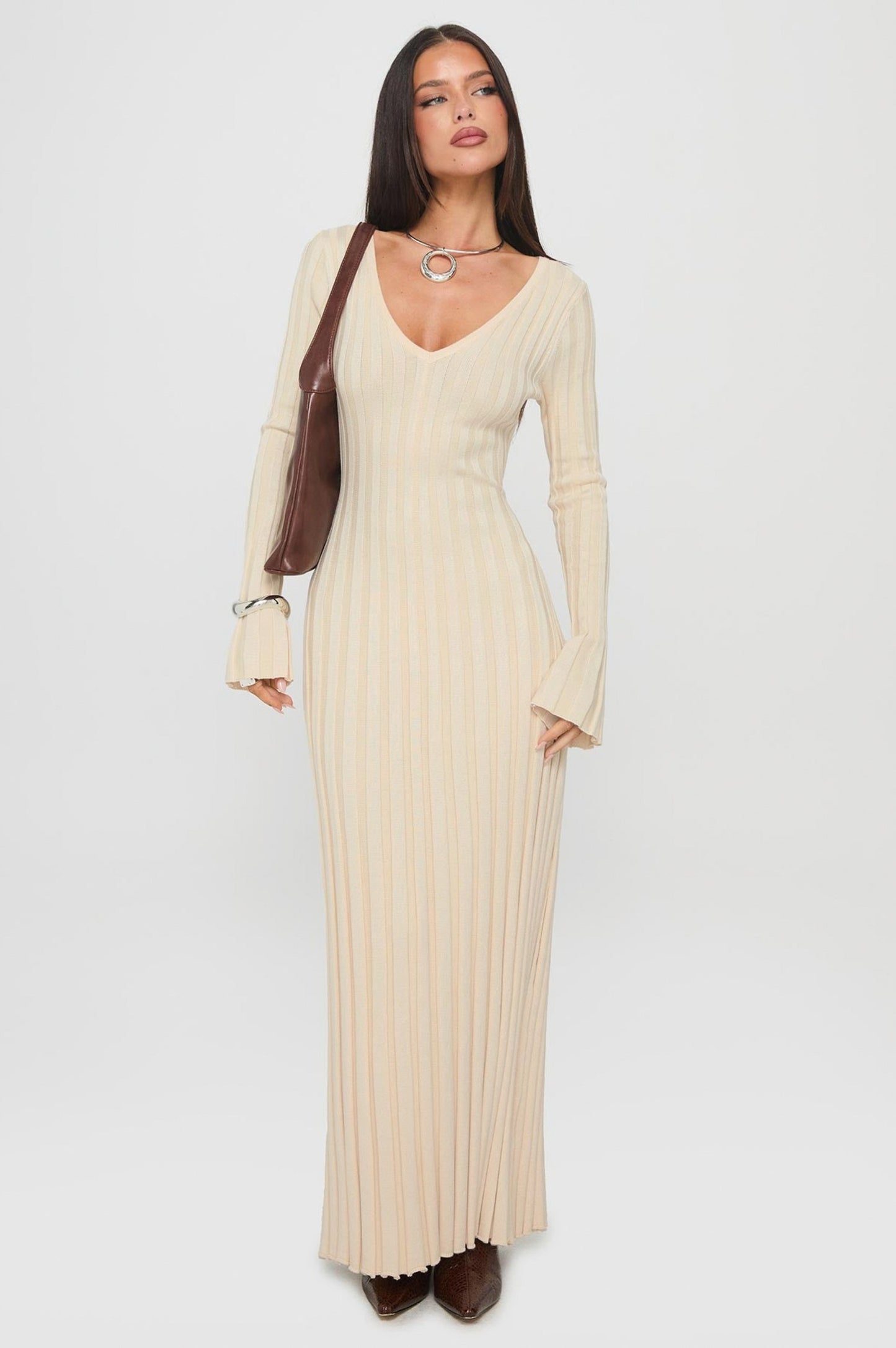 Ribbed Knit V-Neck Maxi Dress