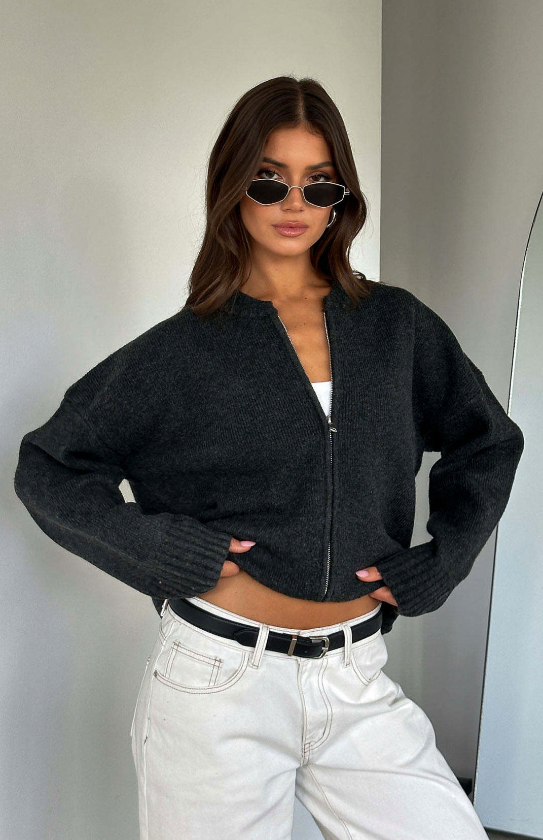 Ribbed Knit Zip Cardigan