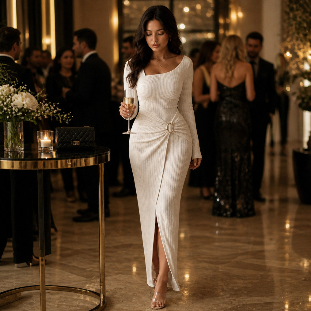 Ribbed Long Sleeve Ruched Maxi Dress