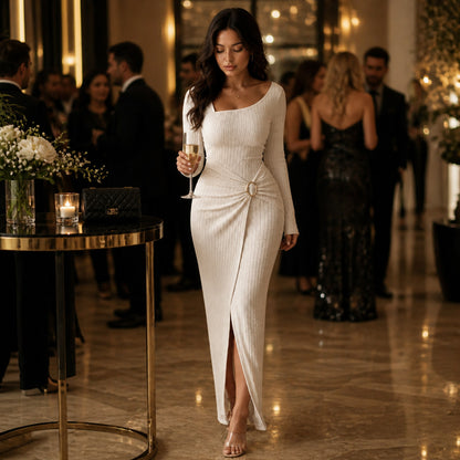 Ribbed Long Sleeve Ruched Maxi Dress