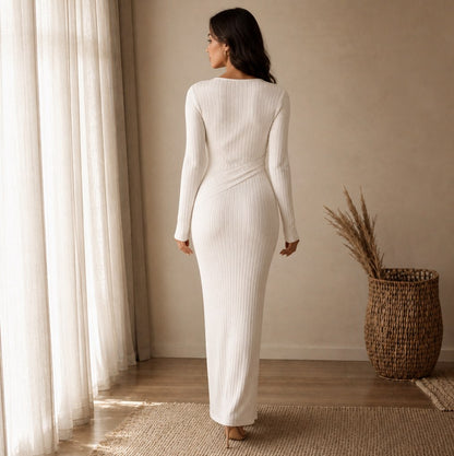 Ribbed Long Sleeve Ruched Maxi Dress