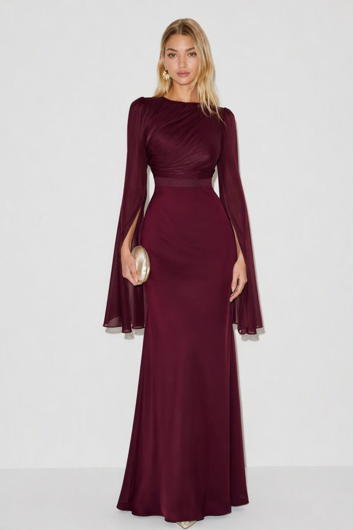 Ruched Cape Sleeve Maxi Dress