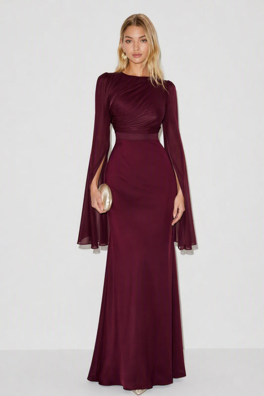 Ruched Cape Sleeve Maxi Dress