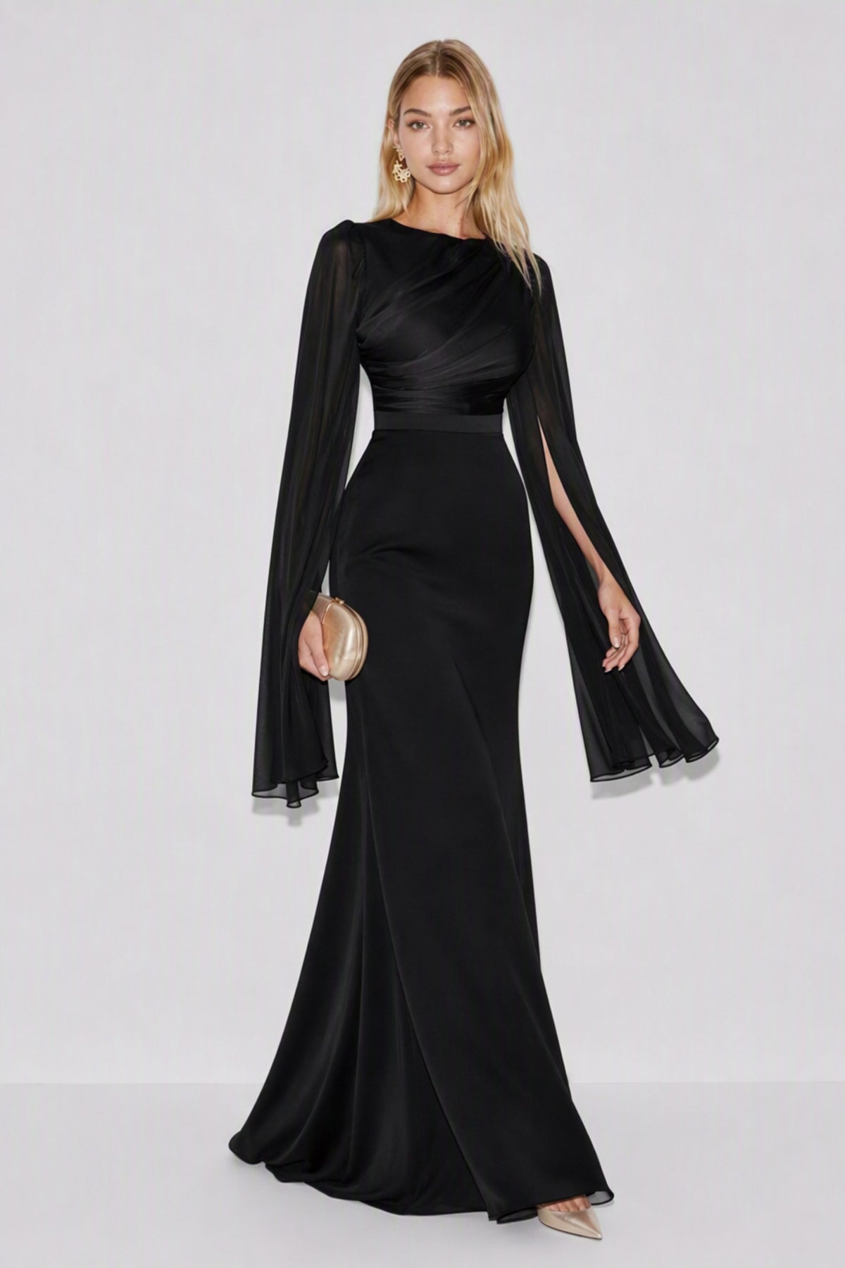 Ruched Cape Sleeve Maxi Dress