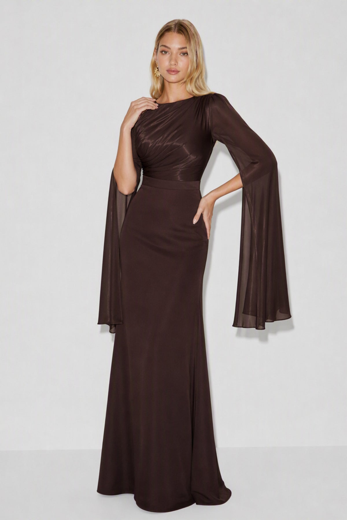 Ruched Cape Sleeve Maxi Dress